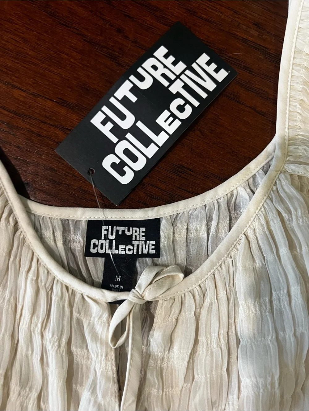NWT Future Collective Cream Crinkle Peplum Tank Top | Size Medium - Picture 3 of 6
